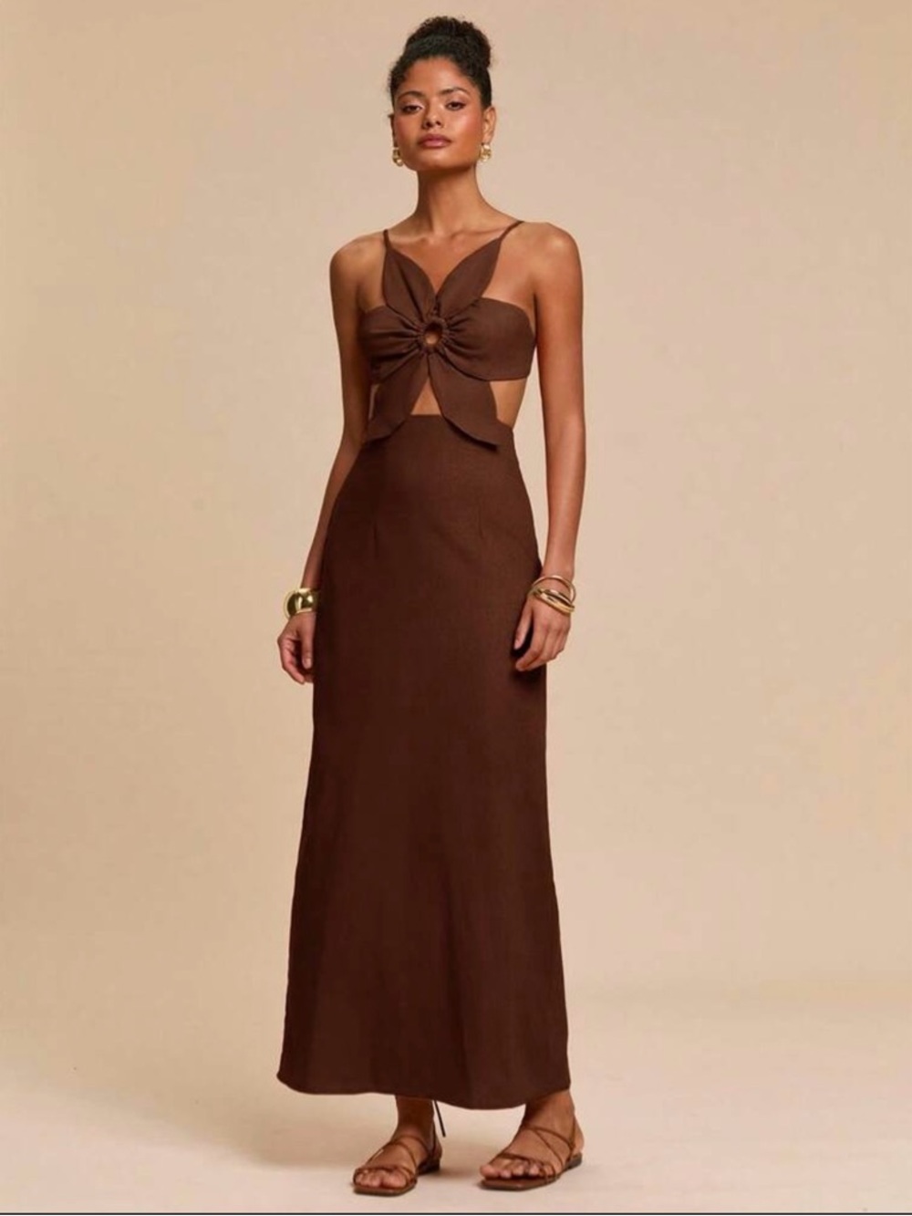Brown Petal Cutout Maxi Dress Open Back Tie 8/10